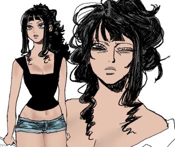 1girl black_hair black_shirt blue_eyes blunt_bangs bookstore_part-timer eyelashes highres looking_to_the_side navel one_eye_closed one_piece one_piece_fan_letter ponytail shirt shorts sidelocks simple_background sumshijima white_background