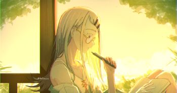 1girl bespectacled camisole collarbone colored_eyelashes commentary earrings feet_out_of_frame flipped_hair gakuen_idolmaster glasses highres holding holding_pen idolmaster jewelry knees_up leaning_back long_hair orange_eyes pen reading shinosawa_hiro single_bare_shoulder solo stud_earrings sunlight tedioioio twitter_username white_camisole yellow-framed_eyewear