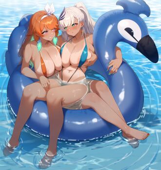 2girls areola_slip bare_legs barefoot blue_slingshot_swimsuit blush braid braided_bangs breasts cleavage collarbone colored_inner_hair commission earrings feather_earrings feather_hair_ornament feathers feet grabbing_another&#039;s_breast gradient_hair green_eyes green_nails grin groping hair_ornament hair_ribbon hairband high_ponytail highres hololive hololive_english hololive_indonesia hug huge_breasts innertube jewelry kaiend large_breasts long_hair looking_at_another multicolored_hair multiple_girls nail_polish navel navel_piercing one-piece_tan orange_hair orange_slingshot_swimsuit pavolia_reine piercing ponytail purple_eyes red_nails ribbon shiny_skin sitting sitting_on_person slingshot_swimsuit smile swim_ring swimsuit takanashi_kiara tan tanline virtual_youtuber water wet white_hair white_hairband white_ribbon yuri