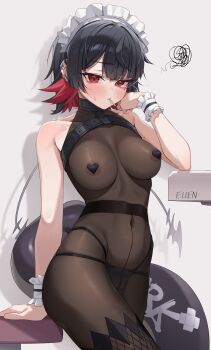 1girl absurdres alternate_costume areola_slip black_hair blush bodystocking breasts colored_inner_hair covered_navel ellen_joe fins fish_tail food_in_mouth hand_up heart_pasties highres large_breasts looking_at_viewer maid_headdress mole mole_on_arm multicolored_hair navel pasties red_eyes red_hair shadow shark_girl shark_tail short_hair squiggle tail um_111 white_background wrist_cuffs zenless_zone_zero