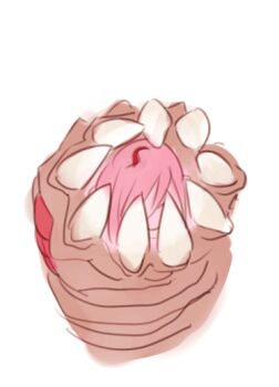 1girl :d animated animated_gif blush breasts extra_eyes female_focus large_breasts long_hair looking_at_viewer monorus monster monster_girl monster_girl_encyclopedia monster_girl_encyclopedia_ii nude open_mouth peekaboo pink_eyes pink_hair red_eyes red_hair sandworm_(monster_girl_encyclopedia) sharp_teeth smile solo tattoo teeth very_long_hair