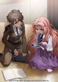 1boy 1girl belt blue_eyes book brown_hair closed_mouth code_geass collared_shirt cosplay dress green_eyes highres holding indian_style indoors jacket kneeling kururugi_suzaku kururugi_suzaku_(cosplay) long_hair long_sleeves motosu_towa necktie nunnally_vi_britannia nunnally_vi_britannia_(cosplay) official_art on_floor open_book pants pink_hair school_uniform shiromaru_mito shirt short_hair sitting themis_(themis_adgjm) very_long_hair watermark white_shirt wooden_floor world_dai_star