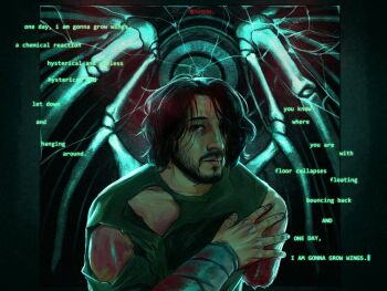 Rule 34 | 1boy, aged down, amputee, backlighting, beard, black eyes, black hair, bleeding, blood, bloodshot eyes, english text, exhausted, facial hair, hand on own arm, hashtag-only commentary, highres, iron lung (movie), looking at viewer, male focus, short hair, simon (iron lung), skeleton, solo, soykyu, torn tunic, wavy hair