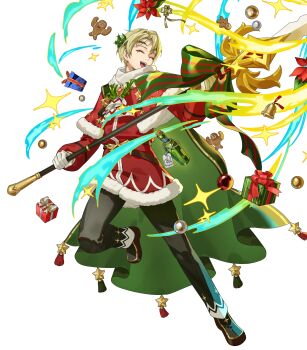 Rule 34 | 1boy, alfred (fire emblem), alfred (joyous snowdrop) (fire emblem), attack, belt, black pants, blonde hair, bow, box, brown belt, cape, capelet, christmas ornaments, closed eyes, coat, commentary request, fighting stance, fire emblem, fire emblem engage, fire emblem heroes, fur-trimmed capelet, fur-trimmed coat, fur trim, gift, gift box, gingerbread man, gloves, green bow, green cape, hair ornament, hanada 09, highres, holding, holding polearm, holding weapon, holly, holly hair ornament, long sleeves, looking at viewer, male focus, nintendo, non-web source, official alternate costume, official art, open mouth, pants, polearm, red capelet, red coat, santa costume, scarf, shoes, short hair, simple background, smile, solo, star (symbol), star ornament, weapon, white background, white gloves, white scarf