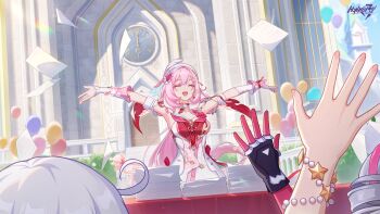 4girls ahoge breasts bronya_zaychik bronya_zaychik_(dimension_breaker) bronya_zaychik_(techno_beats) commentary dress drill_hair elysia_(hi_love_elf)_(honkai_impact) elysia_(honkai_impact) english_commentary game_cg gloves grey_hair highres honkai_(series) honkai_impact_3rd kiana_kaslana large_breasts long_hair multiple_girls official_art pink_gloves pink_hair raiden_mei red_dress single_glove smile two-tone_dress very_long_hair white_dress white_hair