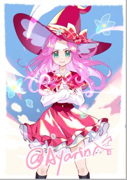 Rule 34 | 1girl, aqua eyes, ascot, ayako (xiaqiu), black socks, blue sky, border, bow, bowtie, capelet, closed mouth, cloud, collared shirt, cowboy shot, crossed arms, day, dot nose, eyelashes, floating clothes, floating hair, flower, forehead, frilled skirt, frills, furrowed brow, gunbuster pose, hair flower, hair ornament, hanami kotoha, happy, hat, hat bow, kneehighs, knees, lips, lofter username, long hair, long sleeves, looking at viewer, magic, magic school uniform (mahou girls precure!), mahou girls precure!, miniskirt, outdoors, petals, pink hair, plaid bow, pleated skirt, precure, red bow, red bowtie, red capelet, red hat, red skirt, red vest, school uniform, shirt, skirt, sky, smile, socks, solo, standing, straight-on, very long hair, vest, white ascot, white border, white flower, white shirt, witch hat