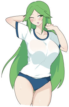 Rule 34 | 1girl, absurdres, alternate costume, arm behind head, blue buruma, blue trim, blush, breasts, buruma, commentary request, cropped legs, green eyes, green hair, gym shirt, gym uniform, hand up, highres, kid icarus, kid icarus uprising, large breasts, looking at viewer, nintendo, one eye closed, open mouth, palutena, shirt, simple background, smile, solo, standing, sweat, white-stew, white background, white shirt