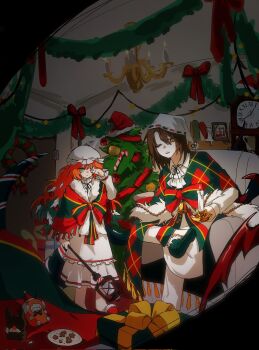 1boy 1girl brown_eyes brown_hair christmas christmas_nightmare_(e.g.o) christmas_ornaments christmas_tree christmas_wreath colored_tips commentary_request cookie couch dress e.g.o_(project_moon) food green_eyes green_hair gregor_(project_moon) hat highres holding holding_lantern indoors ishmael_(project_moon) korean_commentary lantern limbus_company long_hair looking_at_viewer mob_cap multicolored_hair nightcap one_eye_closed orange_hair plaid_clothes plaid_shawl plate project_moon rubbing_eyes santa_hat shawl solbam001 striped_shawl very_long_hair white_dress white_hat wreath