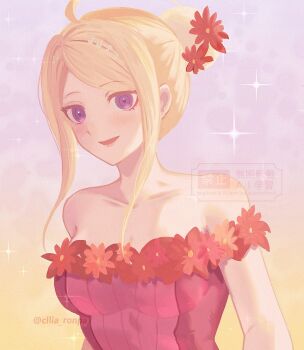 1girl :d ahoge akamatsu_kaede artist_name bare_shoulders blush breasts collarbone danganronpa_(series) danganronpa_v3:_killing_harmony dress hair_bun highres kazzz large_breasts open_mouth pink_dress purple_eyes sidelocks smile solo sparkle watermark