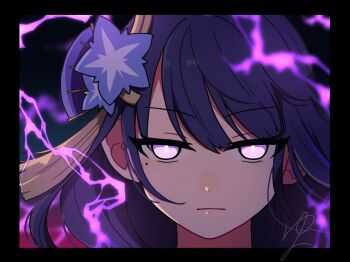 1girl blunt_bangs close-up closed_mouth electricity expressionless fan_hair_ornament genshin_impact glowing glowing_eyes gradient_background hashtag-only_commentary highres long_hair looking_at_viewer mole mole_under_eye noah_craft powering_up purple_eyes purple_hair raiden_shogun sky solo upper_body