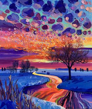 acrylic_paint_(medium) anastasia_trusova bare_tree blue_sky commentary english_commentary gradient_sky highres nature no_humans orange_sky original outdoors painting_(medium) river scenery sky traditional_media tree twilight