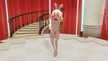 1girl 3d absurdres animal_ears arm_behind_back arm_behind_head bare_shoulders black_nails blonde_hair bow bowtie closed_eyes covered_erect_nipples dark-skinned_female dark_skin detached_collar facing_viewer fake_animal_ears female_focus full_body highres huge_filesize indoors loli nail_polish playboy_bunny rabbit_ears smile solo stage standing thighhighs toenail_polish toenails transparent_bunny_suit twintails