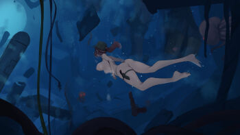 1girl absurdres air_bubble ass back barefoot bikini bikini_bottom_only black_bikini breasts bubble cave fio_germi freediving from_behind goggles gun handgun hat highres holster knife knife_sheath large_breasts metal_slug nipples ponytail rou_(rou22) sheath shipwreck solo suppressor swimming swimsuit thigh_holster underwater weapon