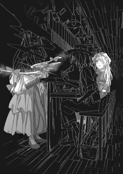 3girls absurdres bow chair chopsticks collared_dress commentary_request contrast_collar dress fishing39 food frilled_dress frills gap_(touhou) greyscale hair_bow hanging_light hat hat_ribbon highres holding holding_chopsticks juliet_sleeves long_hair long_sleeves looking_at_another maribel_hearn medium_hair mob_cap monochrome multiple_girls multiple_hair_bows necktie open_mouth own_hands_together puffy_sleeves restaurant ribbon ribbon-trimmed_shirt ribbon-trimmed_skirt ribbon_trim sash shirt shoes sitting sleeve_garter socks sweat tabard table touhou usami_renko yakumo_yukari