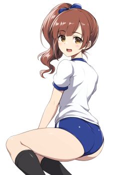 1girl ass black_socks blue_buruma brown_eyes brown_hair buruma feet_out_of_frame from_behind gym_shirt gym_uniform hashtag-only_commentary idolmaster idolmaster_cinderella_girls igarashi_kyoko invisible_chair long_hair looking_at_viewer pataneet shirt side_ponytail simple_background sitting socks solo t-shirt white_background white_shirt