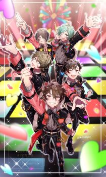 5boys ahoge arm_up black_bow black_bowtie black_hair blue_hair bow bowtie brown_eyes brown_hair chain clenched_hand commentary_request ensemble_stars! facing_away fingernails green_eyes hair_between_eyes hand_up headset heart highres index_finger_raised jacket layered_clothes long_sleeves looking_at_viewer male_focus morisawa_chiaki multicolored_hair multiple_boys nagumo_tetora official_alternate_costume one_eye_closed open_clothes open_jacket open_mouth orange_eyes outstretched_arm outstretched_hand overflow!_(ensemble_stars!) parted_bangs red_hair ryuuseitai_(ensemble_stars!) sengoku_shinobu shinkai_kanata short_hair sparkle star_(symbol) streaked_hair takamine_midori takeda_(mdca4649) teeth twitter_username two-tone_hair upper_teeth_only watermark