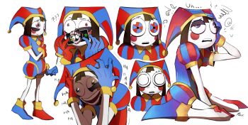 1girl asymmetrical_footwear asymmetrical_gloves blue_eyes blue_gloves blue_shirt blue_shoes blush_stickers bob_cut brown_hair clone collared_shirt colored_skin crazy crazy_laugh creature_no31 gloves hair_between_eyes hand_on_own_arm hand_on_own_head hat hat_bell highres jester jester_cap laughing looking_at_viewer looking_down looking_to_the_side mismatched_gloves multicolored_eyes multiple_views pomni_(the_amazing_digital_circus) puffy_short_sleeves puffy_sleeves red_eyes red_gloves red_shoes sanpaku shirt shoes short_hair short_sleeves simple_background sitting striped_clothes striped_shirt surprised the_amazing_digital_circus thousand_yard_stare two-tone_eyes vertical-striped_clothes vertical-striped_shirt wariza white_background white_skin yellow_collar