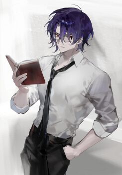 1boy 9boksen absurdres black-framed_eyewear black_necktie black_pants blue_hair book collared_shirt dr._ratio_(honkai:_star_rail) glasses hand_in_pocket hashtag-only_commentary highres holding holding_book honkai:_star_rail honkai_(series) male_focus necktie open_book pants shirt shirt_tucked_in short_hair simple_background solo white_background white_shirt