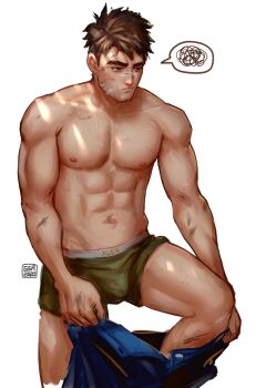 Rule 34 | 1boy, abs, alex (stardew valley), artist name, bandaid, bandaid on cheek, bandaid on face, bara, blue pants, boxers, brown hair, bruise, bruise on arm, bulge, chinese commentary, closed mouth, commentary request, dirty, dirty face, dressing, feet out of frame, green male underwear, greenteaa, groin, highres, injury, male focus, male underwear, muscular, muscular male, navel, nipples, pants, pectorals, putting on legwear, short hair, solo, speech bubble, spoken squiggle, squiggle, stardew valley, thick eyebrows, topless male, underwear