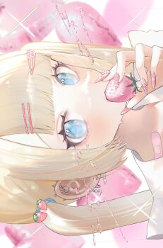 1girl balloon bandaid bandaid_on_neck blonde_hair blue_eyes blunt_bangs blurry blurry_background blush charm_(object) ear_piercing eating eyelashes fingernails food fruit hair_ornament hair_tie hairclip hairpin hakai_orz heart_balloon highres holding holding_food holding_fruit liquid long_hair looking_at_viewer nail_polish piercing pink_liquid pink_nails portrait solo strawberry sweatdrop twintails
