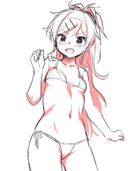 1girl antenna_hair bare_shoulders bikini blush cameltoe chigusa_asuha cowboy_shot dot_nose fang hair_ornament hairclip hand_up long_hair micro_bikini monochrome navel open_mouth partially_colored qualidea_code sekiya_asami side-tie_bikini_bottom sidelocks sketch swimsuit thighs