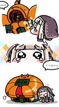 1girl all_fours asshimar black_coif blonde_hair chibi closed_eyes commentary_request crossover gundam jazz_jack long_hair mecha meme mobile_suit nun open_mouth pleading_eyes robot smile speaki_(trickcal) speakiposting_(meme) tearing_up trickcal wavy_eyes zeta_gundam
