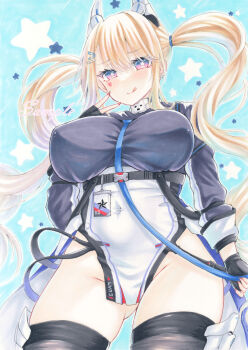 1girl :q azur_lane between_breasts black_gloves black_thighhighs blonde_hair breasts character_name commentary_request earrings fingerless_gloves from_below gloves gluteal_fold guam_(azur_lane) headgear heart highres jewelry large_breasts long_hair long_sleeves looking_at_viewer looking_down marker_(medium) multicolored_eyes no_panties pelvic_curtain purplepencil solo star-shaped_pupils star_(symbol) star_earrings strap_between_breasts symbol-shaped_pupils thighhighs tongue tongue_out traditional_media twintails two-tone_eyes very_long_hair