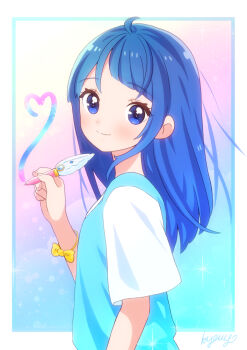 Rule 34 | 1girl, ahoge, asymmetrical bangs, blue background, blue eyes, blue hair, blue shirt, bracelet, closed mouth, gradient background, hirogaru sky! precure, holding, holding pen, jewelry, kyanos (b 0000ff), light smile, long hair, looking at viewer, pen, pink background, precure, shirt, short sleeves, solo, sora harewataru, white background, white shirt