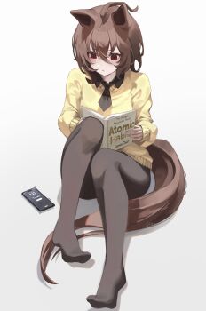 1girl absurdres agnes_tachyon_(tach-nology)_(umamusume) agnes_tachyon_(umamusume) ahoge animal_ears black_pantyhose blush book brown_hair cellphone closed_mouth commentary dio_dio english_commentary hair_between_eyes highres holding holding_book horse_ears horse_girl horse_tail huge_ahoge long_sleeves medium_hair necktie pantyhose phone reading red_eyes revision shirt short_necktie smartphone solo sweater sweater_vest tail umamusume wolf_cut yellow_sweater yellow_sweater_vest