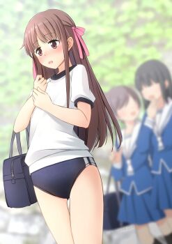 Rule 34 | 3girls, bag, black buruma, blue sailor collar, blurry, brown eyes, brown hair, buruma, commentary request, commission, depth of field, fruits basket, gym shirt, gym uniform, hair ribbon, honda tohru, multiple girls, ribbon, sailor collar, school bag, school uniform, serafuku, shibacha, shirt, skeb commission, solo focus, standing, t-shirt, thigh gap, white shirt