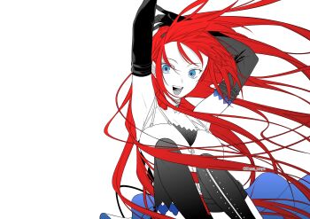 1girl absurdres aozaki_aoko arm_belt armpits artist_name belt black_belt black_gloves black_thighhighs blue_eyes breasts commentary_request elbow_gloves fate/grand_order fate_(series) floating_hair gloves hands_up highres large_breasts long_hair looking_at_viewer multiple_belts open_mouth presenting_armpit red_hair sitting smile solo super_aoko tachibana_(desu_wayo) teeth thigh_belt thigh_strap thighhighs upper_teeth_only very_long_hair