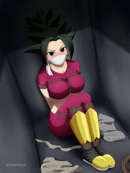 1girl 2girls bdsm black_eyes black_hair bondage boots bound breasts caulifla cloth_gag crop_top dragon_ball dragon_ball_super earrings fusion fusion_character gag gagged improvised_gag jewelry juliettasan kale_(dragon_ball) kefla_(dragon_ball) large_breasts legs_tied looking_at_viewer midriff multiple_girls over_the_nose_gag pants pink_pants potara_earrings potara_fusion rope rope_between_breasts shibari shibari_over_clothes spiked_hair sportswear