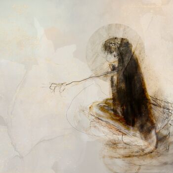 Rule 34 | 1girl, abstract, absurdres, black hair, expressionless, from behind, full body, highres, kneeling, long hair, looking at viewer, looking back, original, outstretched arm, sepia, seyooe, solo