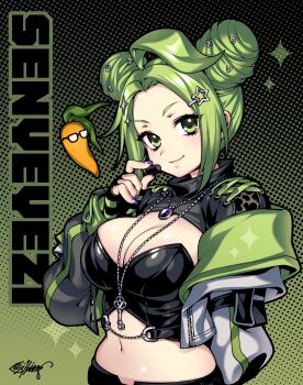 1girl black-framed_eyewear black_corset breasts carrot cleavage closed_mouth commentary corset cropped_jacket english_commentary fishine forehead glasses green_eyes green_hair green_jacket hair_ornament hairpin highres indie_virtual_youtuber jacket jewelry key key_necklace large_breasts long_hair long_sleeves looking_at_viewer multiple_hairpins navel necklace pants purple_nails rectangular_eyewear senyeyezi solo standing virtual_youtuber