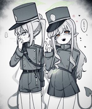 ... 2girls :d arm_at_side bags_under_eyes belt belt_buckle blue_archive blush breath buckle commentary_request covered_mouth covering_own_mouth cowboy_shot curly_sidelocks demon_girl demon_tail earrings film_grain gloves green_halo grey_background greyscale halo hand_over_own_mouth hand_up heart highres hikari_(blue_archive) incest jacket jewelry long_hair long_sidelocks long_sleeves looking_at_viewer loving_aura military_uniform miniskirt monochrome multiple_girls nervous_sweating nozomi_(blue_archive) open_mouth orange_eyes panicking petite pleated_skirt pointy_ears pregnancy_halo pregnant profile ringed_eyes sanpaku science_babies shaded_face short_shorts shorts shoulder_belt shoulder_boards siblings sidelocks simple_background single_earring sisters skirt smile speech_bubble spoken_ellipsis standing sweat tail tail_raised translation_request turning_head turtleneck twincest twins twintails very_long_hair w what wide-eyed yunomi_(yunomi1129) yuri