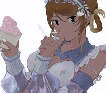 Rule 34 | 1girl, absurdres, bare shoulders, bra, breasts, brown hair, cleavage, dark-skinned female, dark skin, detached collar, detached sleeves, food, gradient hair, hairband, hands up, highres, holding, holding food, holding ice cream, holding spoon, ice cream, idolmaster, idolmaster shiny colors, izumi mei, looking at viewer, multicolored hair, nail polish, see-through clothes, see-through sleeves, simple background, solo, spoon, subro, underwear, upper body, white background, white bra, white hairband, white nails