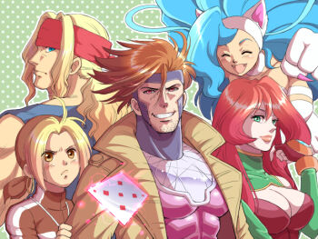 alex_(street_fighter) blue_hair breasts brown_coat brown_hair card cleavage coat crossover darkstalkers earrings energy felicia_(darkstalkers) frown gambit green_eyes group_picture hoop_earrings jewelry large_breasts long_hair looking_at_viewer looking_back m.u.g.e.n malin_(kof) marvel multiple_crossover mysterious_power nana-2009 playing_card ponytail red_eyes short_hair smile street_fighter the_king_of_fighters touki_denshou:_angel_eyes x-men
