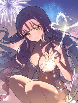 1girl absurdres aerial_fireworks angel_wings bare_arms bare_shoulders bikini blue_archive breasts choker cleavage closed_mouth commentary feathered_wings fireworks frilled_bikini frills hand_up highres holding holding_fireworks large_breasts long_hair looking_at_viewer low_wings mika_(blue_archive) mika_(swimsuit)_(blue_archive) official_alternate_costume official_alternate_hairstyle pink_hair senkou_hanabi smile solo sparkler squatting ssong990 stomach swimsuit white_bikini white_choker white_wings wings yellow_eyes