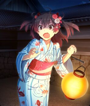 1girl :o ahoge animal_print asakura_mihono blue_kimono brown_hair cowboy_shot dot_nose double-parted_bangs fish_print flower game_cg gradient_hair hair_flower hair_ornament hands_up holding holding_lantern japanese_clothes kimono lantern looking_to_the_side medium_hair multicolored_hair night obi official_art open_mouth outdoors paper_lantern print_kimono red_eyes red_flower red_hair red_sash sash scared shaded_face solo tearing_up third-party_source toji_no_miko toji_no_miko:_kizamishi_issen_no_tomoshibi twintails wavy_mouth white_flower