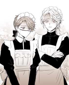 2boys aesop_carl alternate_costume apron back_bow bow crossdressing crossdressing_(mtf) crossed_arms enmaided eyelashes frederick_kreiburg gloves greyscale hair_bow highres identity_v juliet_sleeves long_sleeves looking_at_viewer looking_down maid maid_apron maid_headdress male_focus male_maid monochrome multiple_boys puffy_sleeves shaded_face suyapipi wavy_hair