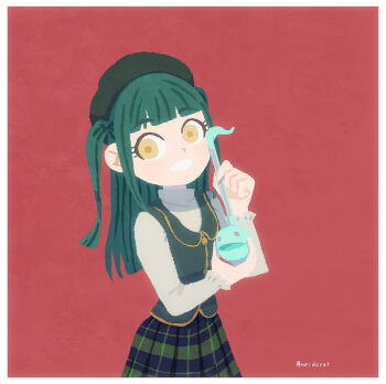 Rule 34 | 1girl, black hat, blunt bangs, border, commentary request, cosplay, cowboy shot, green hair, green skirt, green vest, grin, hat, highres, holding, ikizulive! love live! bluebird, kotomori honoka, kotomori honoka (cosplay), looking at viewer, love live!, meidosan, photo-referenced, plaid clothes, plaid skirt, pleated skirt, red background, simple background, skirt, smile, solo, sweater, turtleneck, turtleneck sweater, twitter username, two side up, vest, voice actor connection, white border, white sweater, yamada midori, yellow eyes