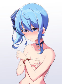 1girl blue_eyes blue_hair blush breasts covering_breasts covering_privates cuffs handcuffed handcuffs highres hololive hoshimachi_suisei maullarmaullar nipples nude side_ponytail small_breasts solo upper_body virtual_youtuber