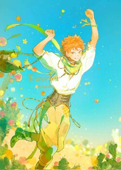 1boy :p bag boots cactus cactus_fruit flower food fruit haikyuu!! highres hinata_shouyou lingcod_dayu looking_at_viewer male_focus orange_eyes orange_hair patchwork_clothes puffy_pants scarf shirt tongue tongue_out white_shirt