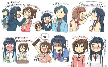 4girls amami_haruka black_hair blue_eyes blue_hair blush bottle bow brown_eyes brown_hair commentary_request full-face_blush grabbing_another's_chin hair_bow hand_on_another's_chin holding holding_bottle idolmaster idolmaster_(classic) idolmaster_million_live! kasuga_mirai kisaragi_chihaya long_hair looking_at_another mogami_shizuka multiple_girls no_mouth one_side_up pink_shirt poking red_bow shirt short_hair speech_bubble translation_request tsubobot white_shirt