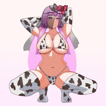 1girl animal_print arms_behind_head bikini breasts chaos_juliet_(grimms_notes) closed_mouth cow_print cow_print_bikini grimms_notes large_breasts long_hair looking_at_viewer pd17617 pink_hair print_bikini simple_background solo squatting swimsuit veil very_long_hair white_background