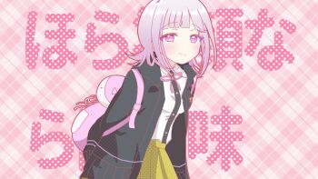 Rule 34 | 1girl, animal bag, black jacket, black shirt, blush, breasts, brown skirt, cat bag, closed mouth, collared shirt, commentary request, danganronpa (series), danganronpa 2: goodbye despair, derivative work, flipped hair, hair ornament, happy mille-feuille (idolmaster), highres, idolmaster, jacket, long sleeves, medium breasts, medium hair, misa (usaginosakura), nanami chiaki, neck ribbon, parody, pink bag, pink ribbon, pleated skirt, ribbon, shirt, skirt, smile, translation request, two-tone shirt, white shirt