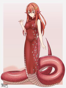 Rule 34 | 1girl, absurdres, border, breasts, china dress, chinese clothes, commentary request, covered navel, dress, f0rum7v, hair between eyes, highres, lamia, long hair, medium breasts, miia (monster musume), monster girl, monster musume no iru nichijou, pelvic curtain, pointy ears, print dress, red dress, red eyes, red hair, red scales, scales, side slit, signature, sleeveless, sleeveless dress, slit pupils, solo, watermark, white border