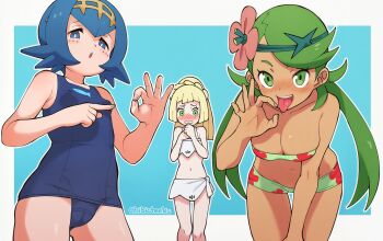 3girls ai-assisted bandeau bare_arms bare_shoulders bent_over bikini blonde_hair blue_background blue_eyes blue_hair blue_one-piece_swimsuit blush border braid breasts bright_pupils cameltoe chibicheeks cleavage collarbone dark-skinned_female dark_skin fellatio_gesture floral_print flower green_bikini green_eyes green_hair green_headband hair_flower hair_ornament hairband headband lana_(pokemon) leaning_forward lillie_(pokemon) loli long_hair looking_at_viewer mallow_(pokemon) medium_breasts multiple_girls navel nintendo no_sclera ok_sign one-piece_swimsuit open_mouth oral_invitation outline pink_flower pokemon pokemon_(anime) pokemon_the_series:_sun_&amp;_moon ponytail sarong school_swimsuit short_hair small_breasts smile standing strapless strapless_bikini swept_bangs swimsuit teeth tongue tongue_out twintails twitter_username upper_teeth_only white_bikini white_border white_outline white_pupils white_sarong yellow_hairband