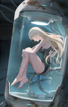 1girl absurdres air_bubble azur_lane bare_legs barefoot blonde_hair bubble from_side full_body gu_ling_yu highres hugging_own_legs kongou_(azur_lane) liquid long_hair one-piece_swimsuit stasis_tank swimsuit toes underwater