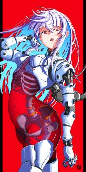 1girl absurdres arched_back artist_logo artist_name automatic_giraffe blue_hair bone colored_inner_hair cowboy_shot cyborg floating_hair hair_between_eyes hand_in_own_hair hand_up highres joints logo long_hair looking_at_viewer mechabare mechanical_arms mechanical_legs multicolored_hair open_mouth original red_eyes ribs robot_joints science_fiction see-through_body skeleton solo spine two-tone_hair white_hair